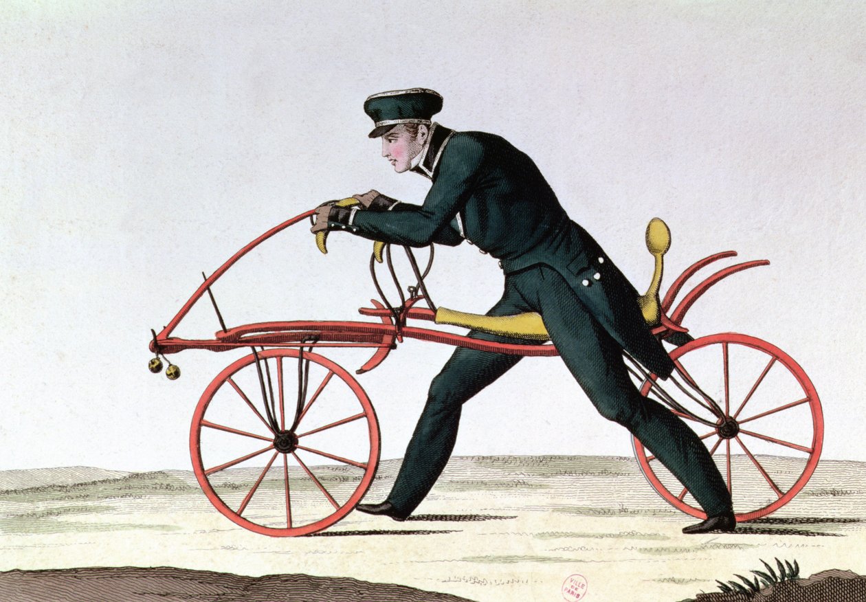 Draisienne，自行车的祖先，由Baron Karl von Drais（1785-1851），1820年（彩色雕刻）发明了1816年。 作者 法语学校