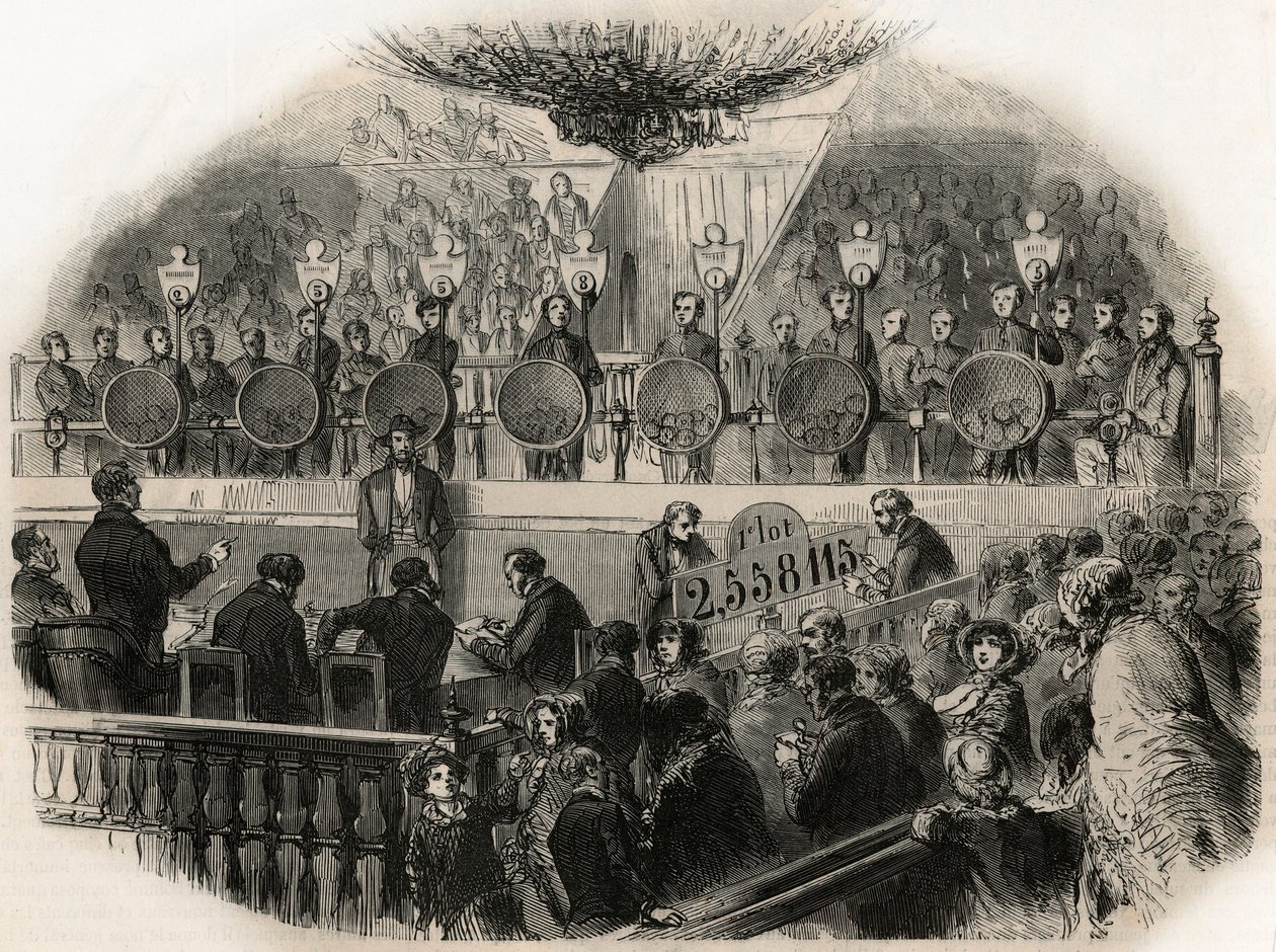 19世纪中叶在香榭丽舍大街（Champs Elysees）马戏团大厅举行的金锭抽奖活动--Edmond Texier 1852年在 "Tableau-de-Paris "的版画。 作者 法语学校