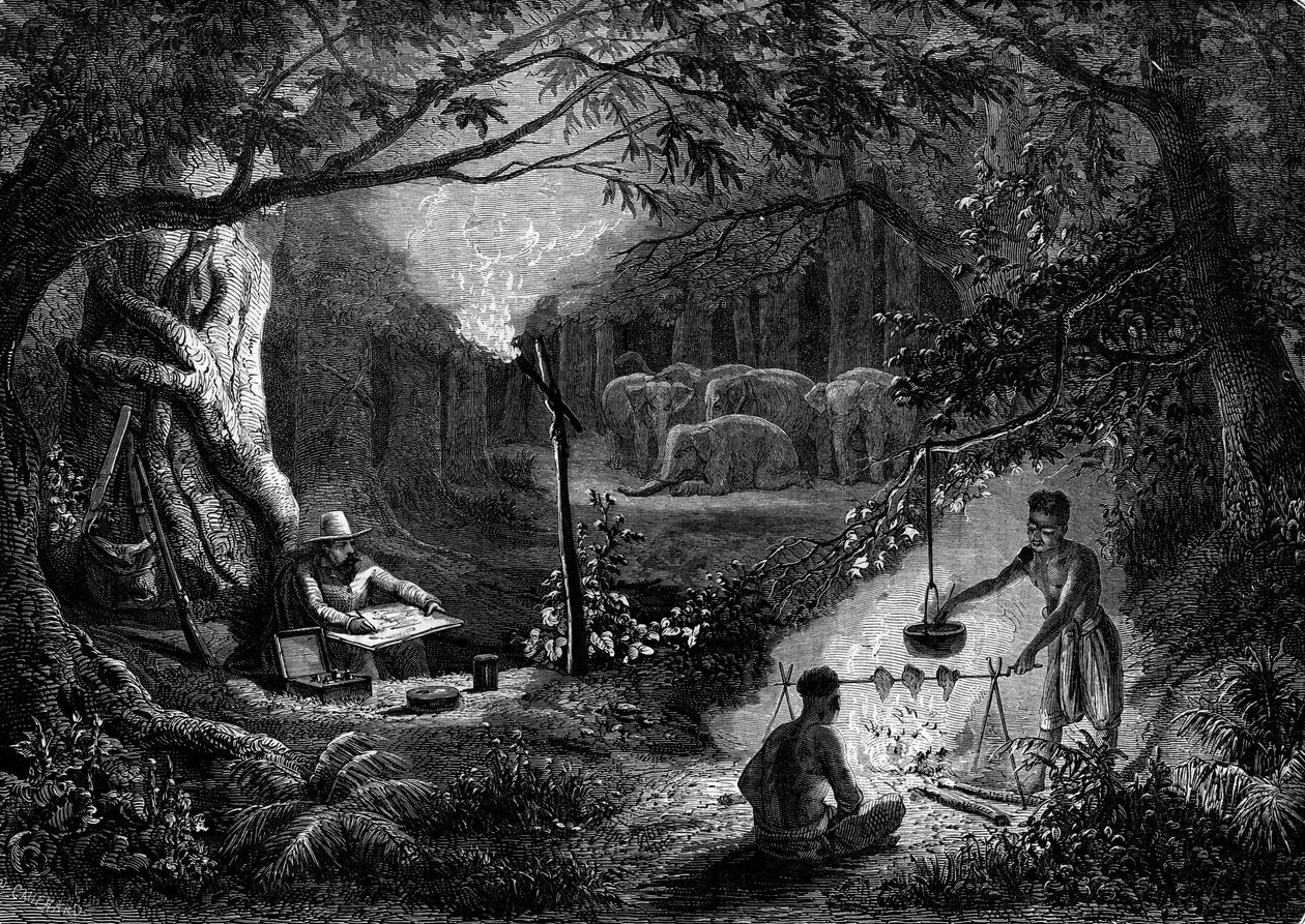 图画：一个旅行者在火把的照耀下绘制道德场景。刊登在 "青年杂志 "上的版画 作者 法语学校