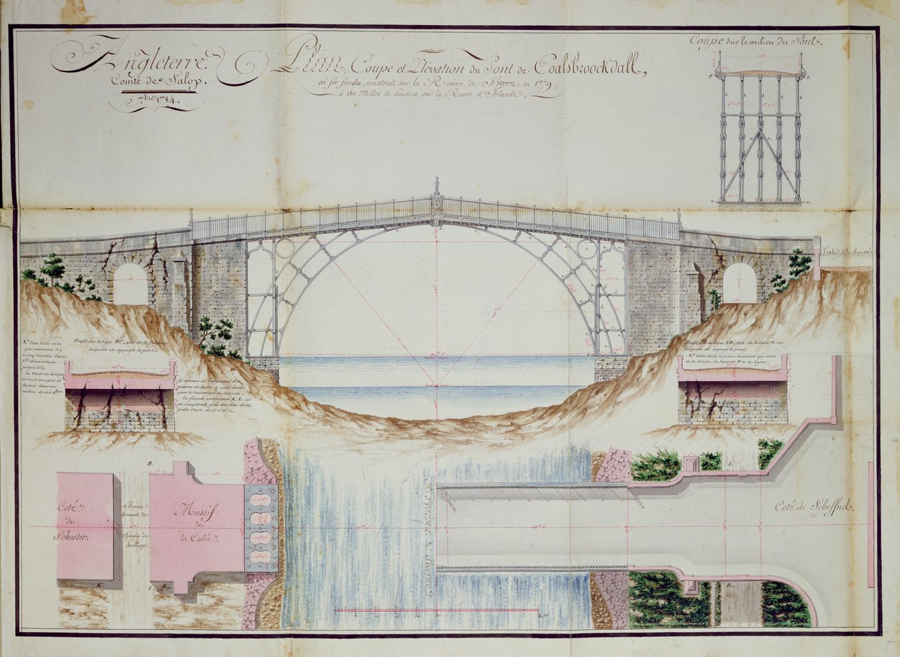 1784年在英格兰什罗普郡的Coalbrookdale建造的铁桥的图纸和横截面，1784年（钢笔，墨水和纸上的纸） 作者 法语学校