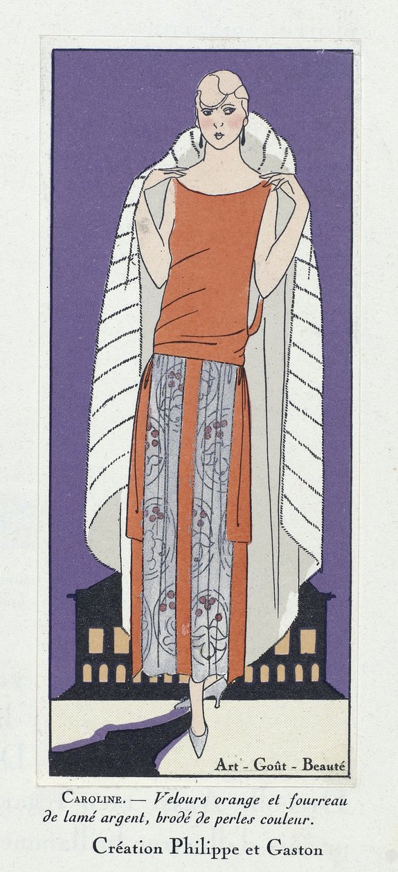 Caroline" 连衣裙设计，来自 Art-Gout-Beaute，出版于 1920 年（彩色石版印刷）。1920 年代（彩色石版印刷） 作者 法语学校