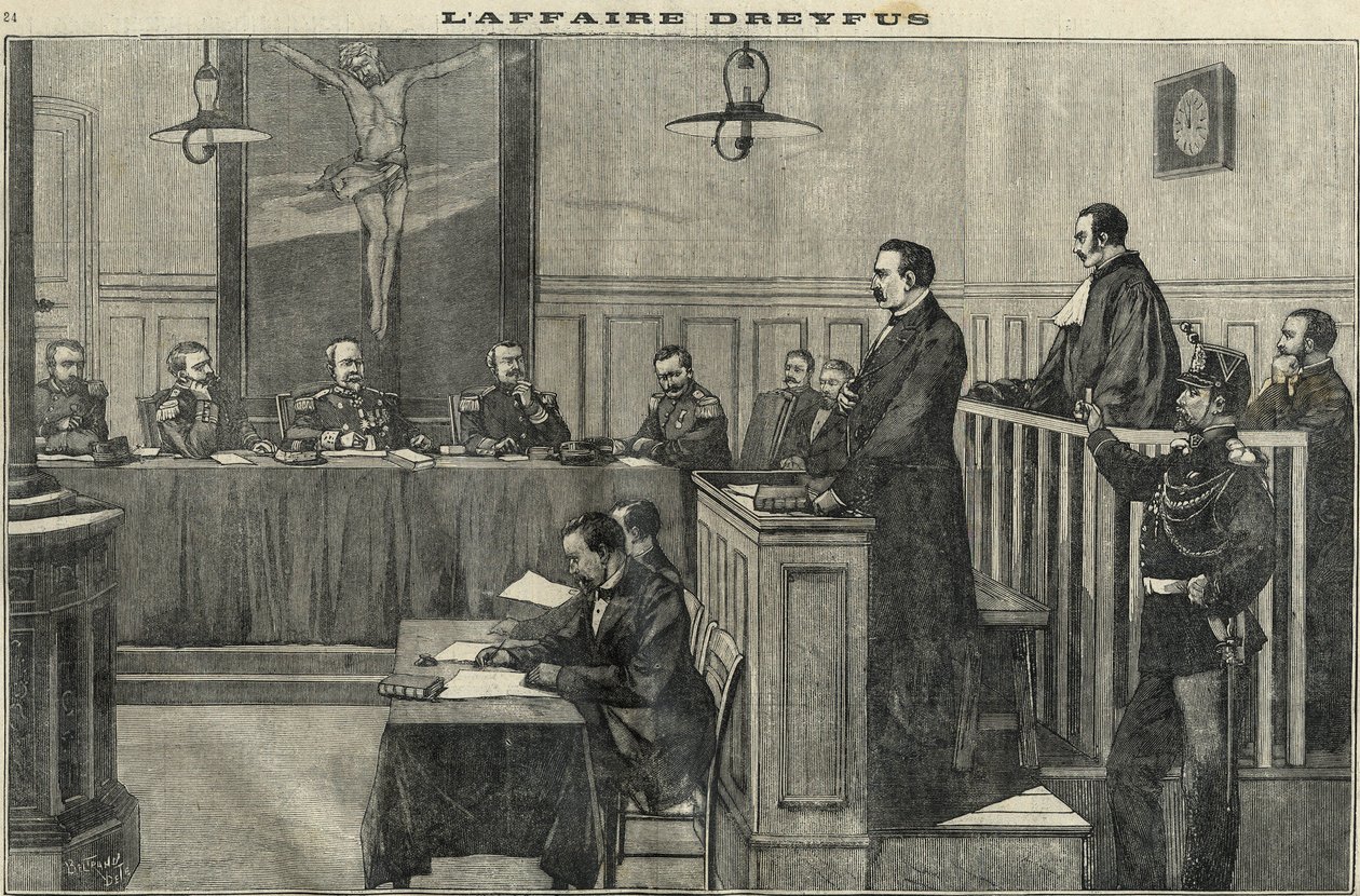 1898年的德雷福斯案：战争委员会的听证会：对指挥官埃斯特哈兹的审判。1898年 "小巴黎 "上的版画。 作者 法语学校