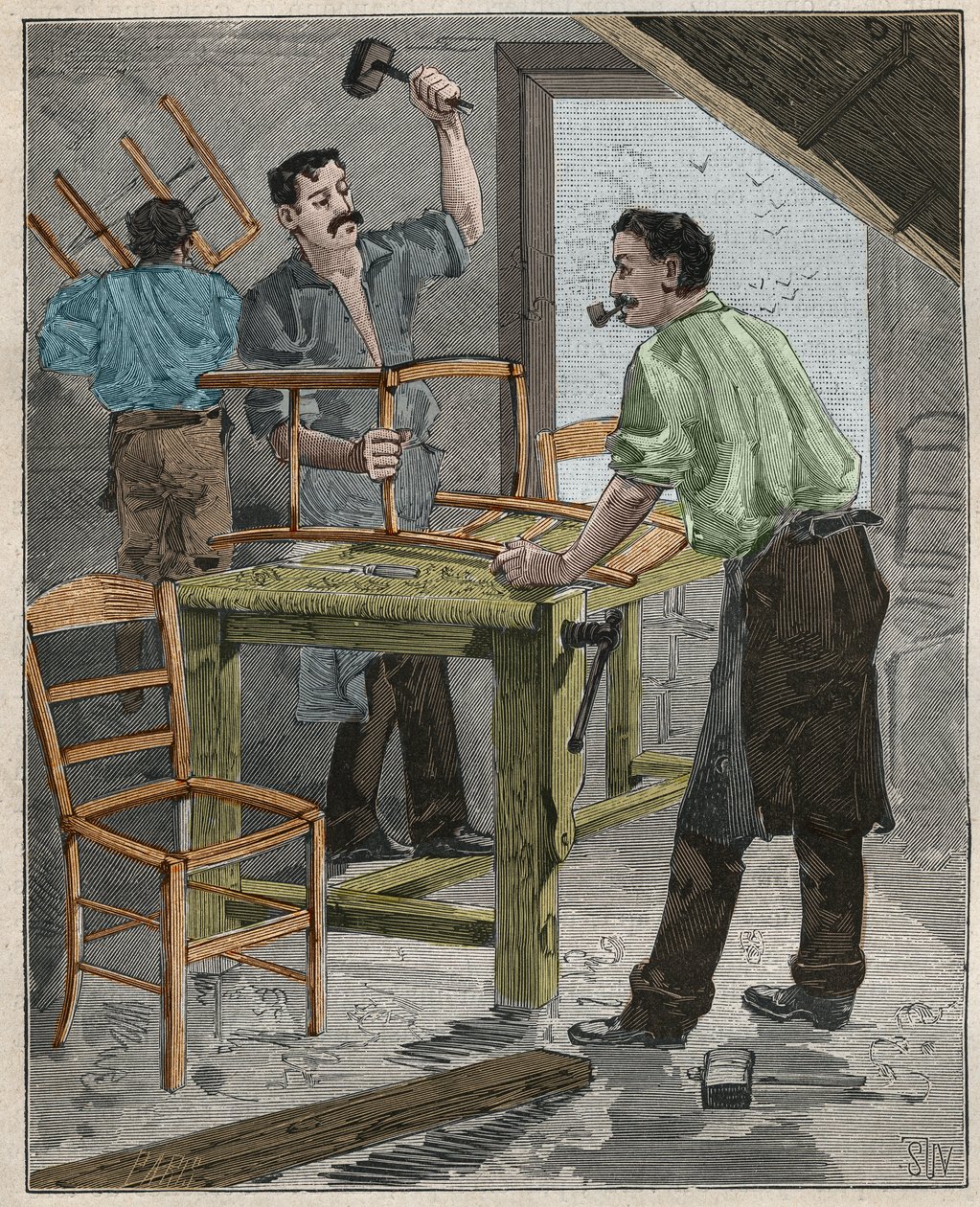 Ebenisterie：19世纪法国的椅子组装。1885年阿道夫-比塔尔（Adolphe BITARD）在 "Les arts et metiers illustrstres "中的版画。 作者 法语学校