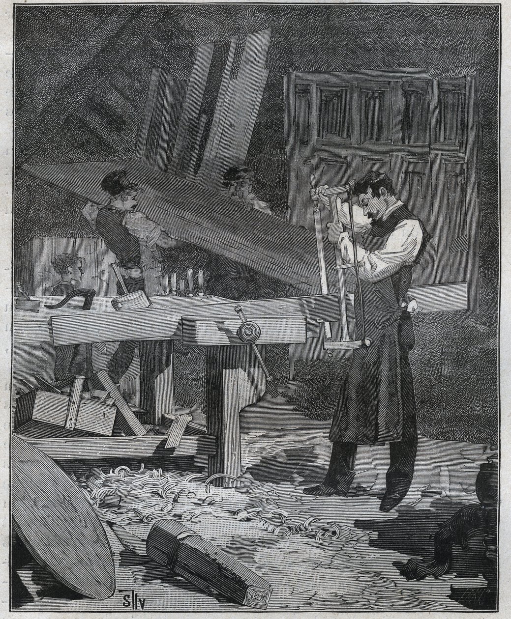 Ebenisterie：Ebenist工人在既定的位置分割一块木板。1885年阿道夫-比塔尔在 "艺术与测量图解 "中的版画。 作者 法语学校