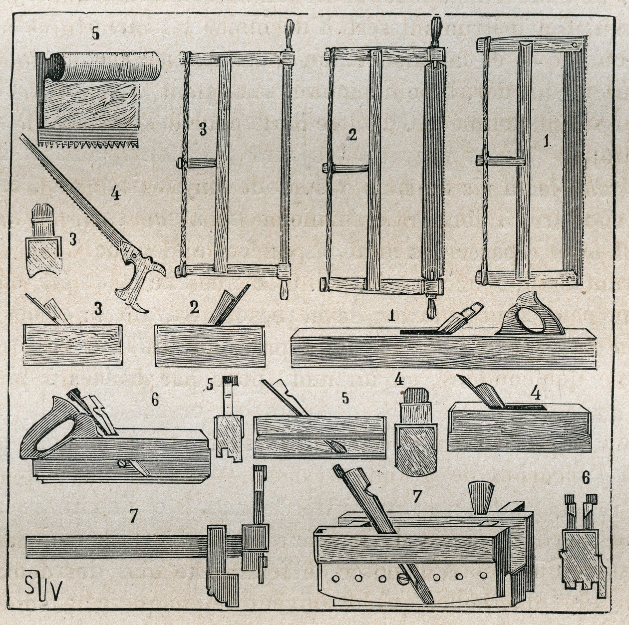 Ebenisterie: usual tools, saws and planing. Engraving from 1885 in “” Les arts et metiers illustres”” by Adolphe BITARD. 作者 法语学校