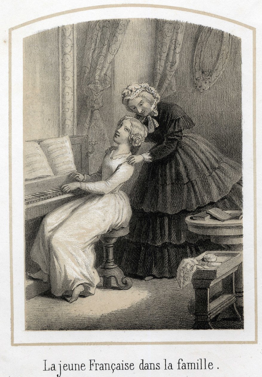 Education for young girls of good families: a young French woman sitting on the piano is taken over by her housekeeper. Anonymous engraving of the 19th century 作者 法语学校