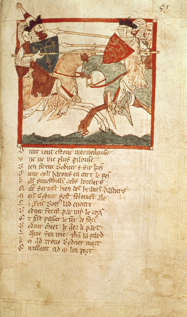 图 3028 f.51 亚瑟大战卢修斯皇帝，选自 "Roman de Brut "的《诗歌纪事》（牛皮纸）。 作者 法语学校