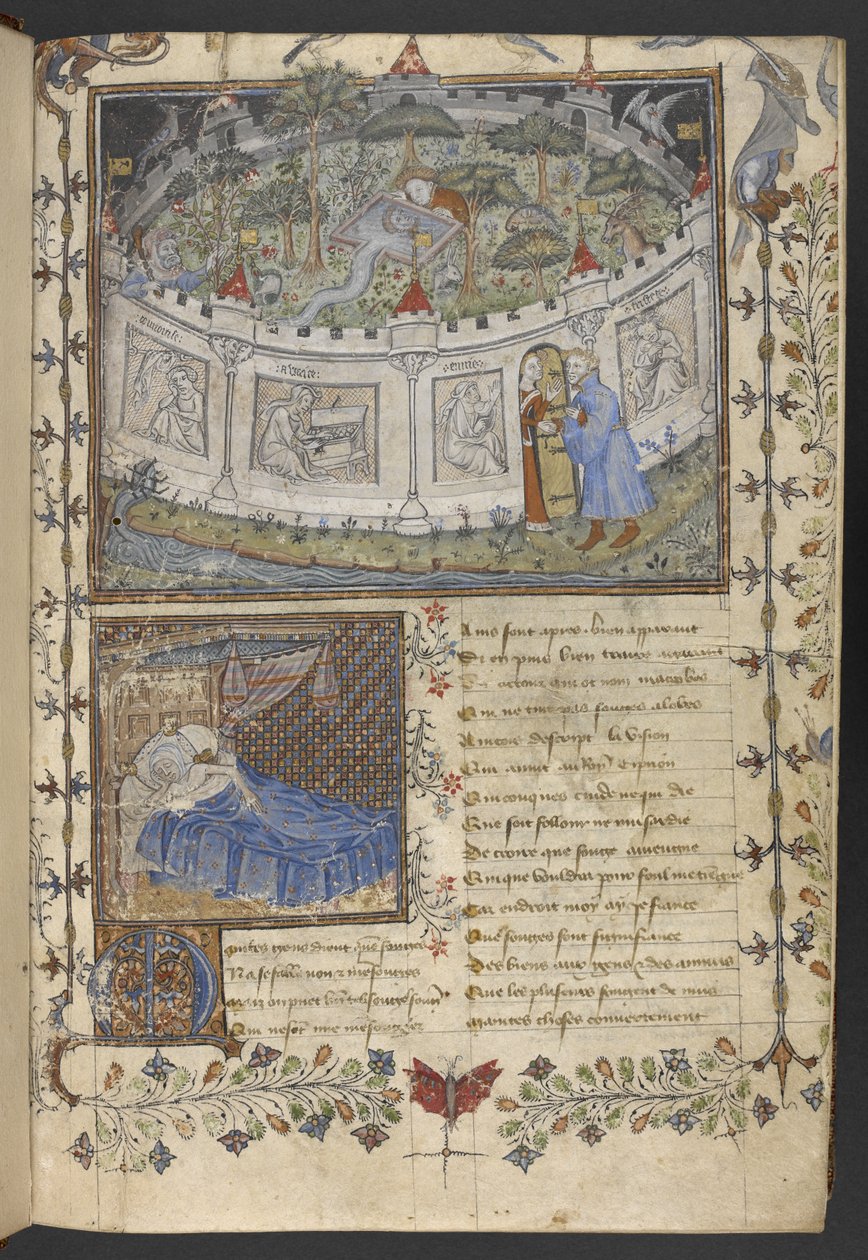 埃杰顿 MS 1069 f.001r 围墙内的花园，选自《Roman de la Rose》的插图，作者纪尧姆-德-洛里斯和让-德-梅昂，约 1400 年（羊皮纸上的墨水和彩色）。 作者 法语学校
