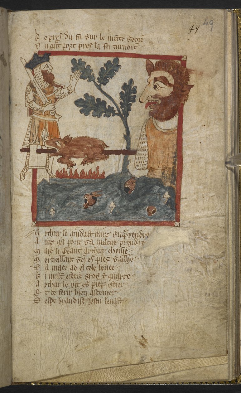 埃杰顿 MS 3028 f.49r 选自韦斯的《Roman de Brut》（牛皮纸上的墨水和色彩） 作者 法语学校