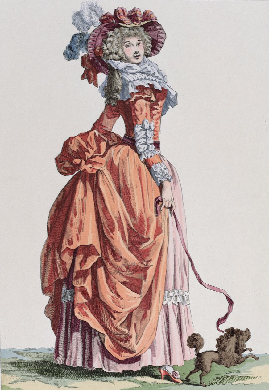 优雅的女人与她的小狗，时尚板块从Galerie des Modes et Costumes Francais，刻有Bacquoy（彩色雕刻） 作者 法语学校