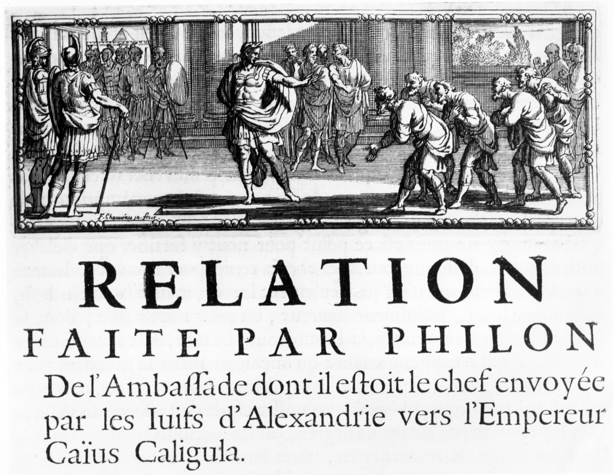 Philo大使馆对罗马皇帝，Gaius Caligula，章节标题从犹太人反对罗马人的战争历史插图，由弗拉维乌斯·约瑟夫斯出版，于1688年在巴黎出版 作者 法语学校