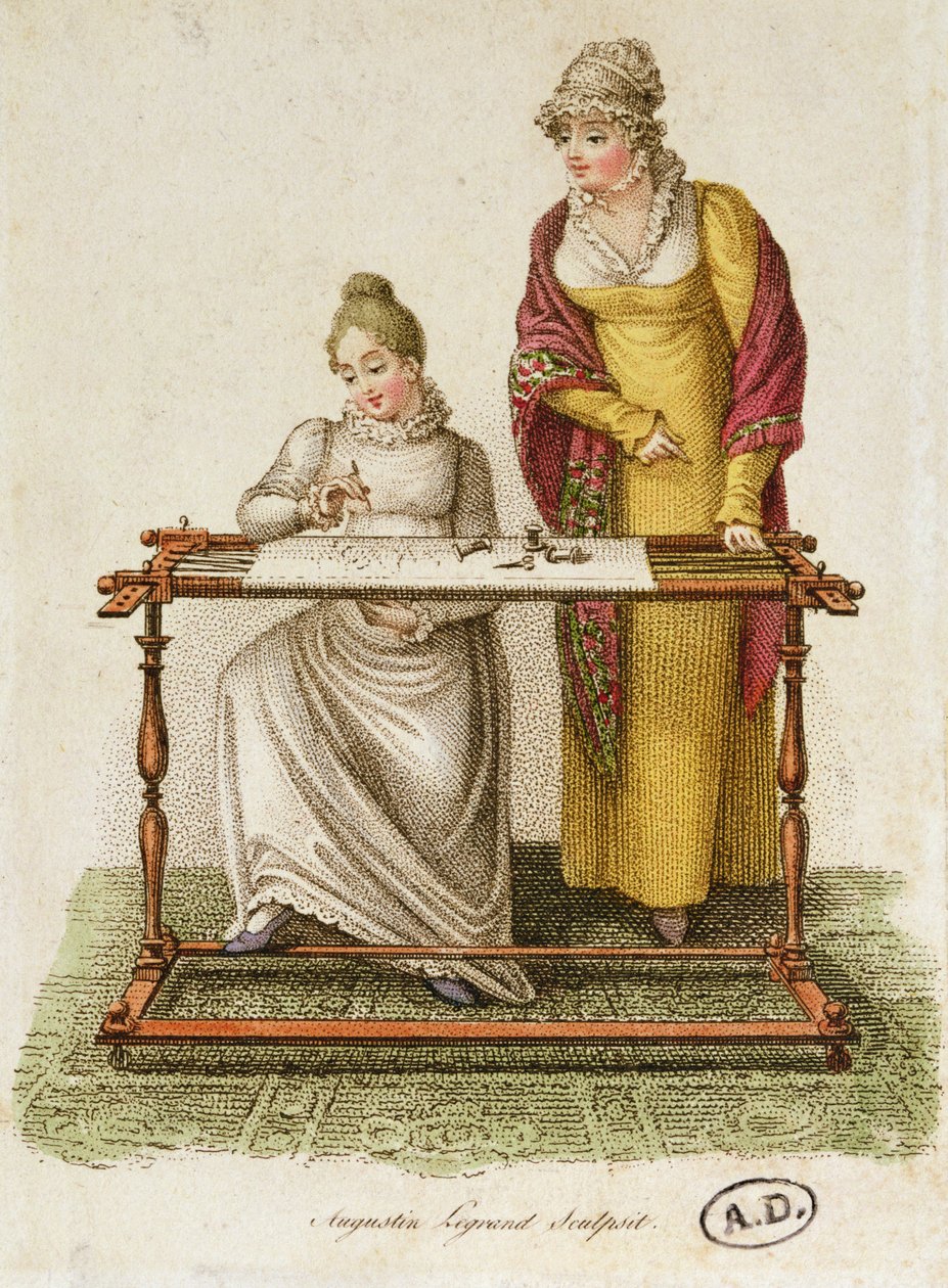 刺绣，c.1810-20（彩色雕刻） 作者 法语学校