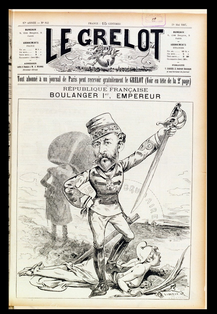皇帝布朗格第一，漫画来自Le Grelot的封面，1887年5月29日 作者 法语学校