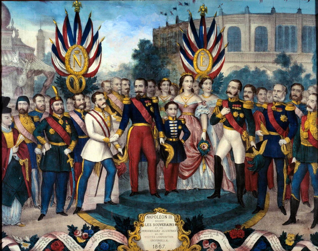 拿破仑三世皇帝（1808-1873 年）在 1867 年万国博览会上接见外国君主 19 世纪的版画。贡比涅城堡博物馆 作者 法语学校
