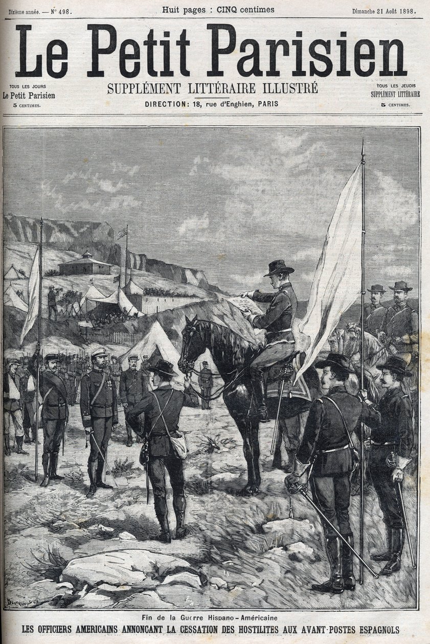 1898年美西战争（American Hispano）的结束。美国军官宣布停止在西班牙前哨的敌对行动。1898年 "小巴黎 "上的版画。 作者 法语学校