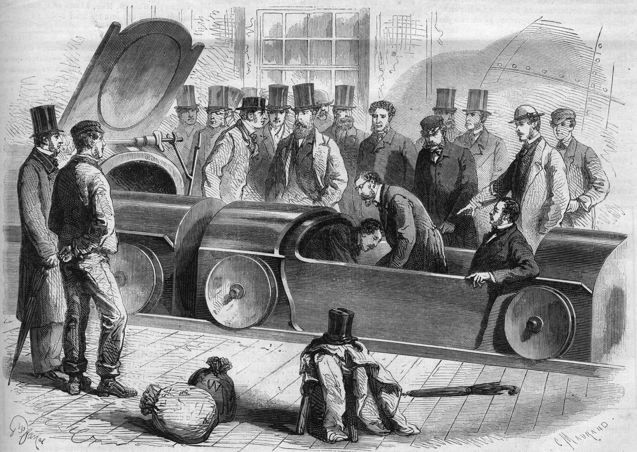 英国1865年。伦敦航空铁路。白金汉公爵和公司的几个成员开始了气动旅程。1865年的雕版画。 作者 法语学校