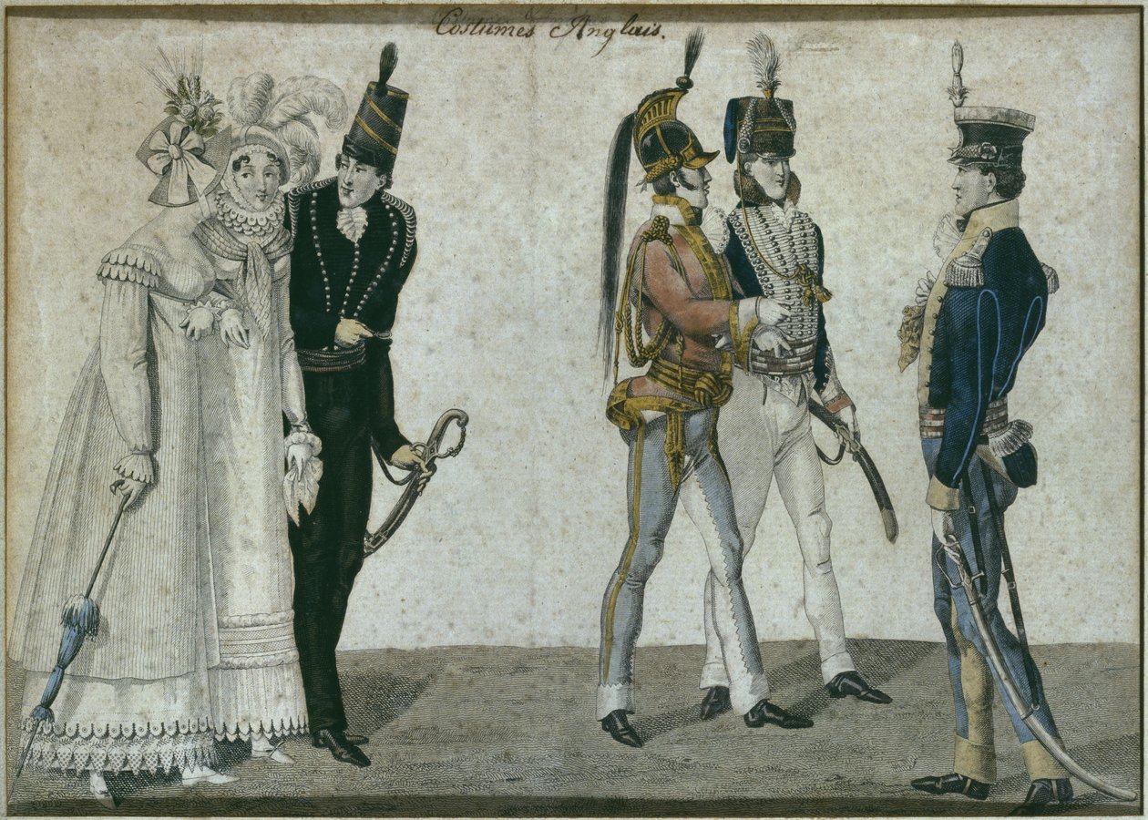 英国服装，插图来自Le Bon Genre，19世纪初（彩色雕刻） 作者 法语学校