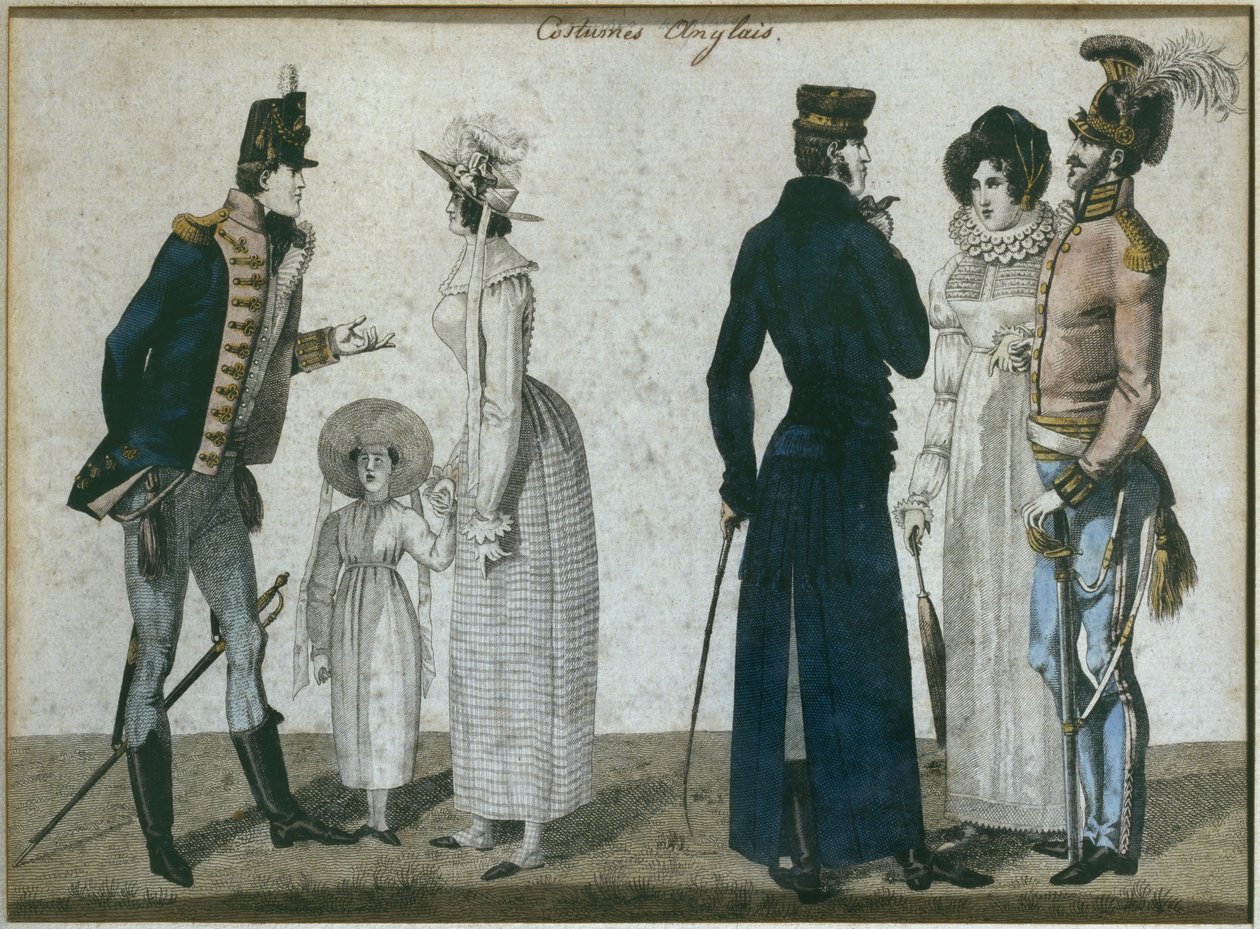 英国服装，插图来自Le Bon Genre，19世纪初（彩色雕刻） 作者 法语学校