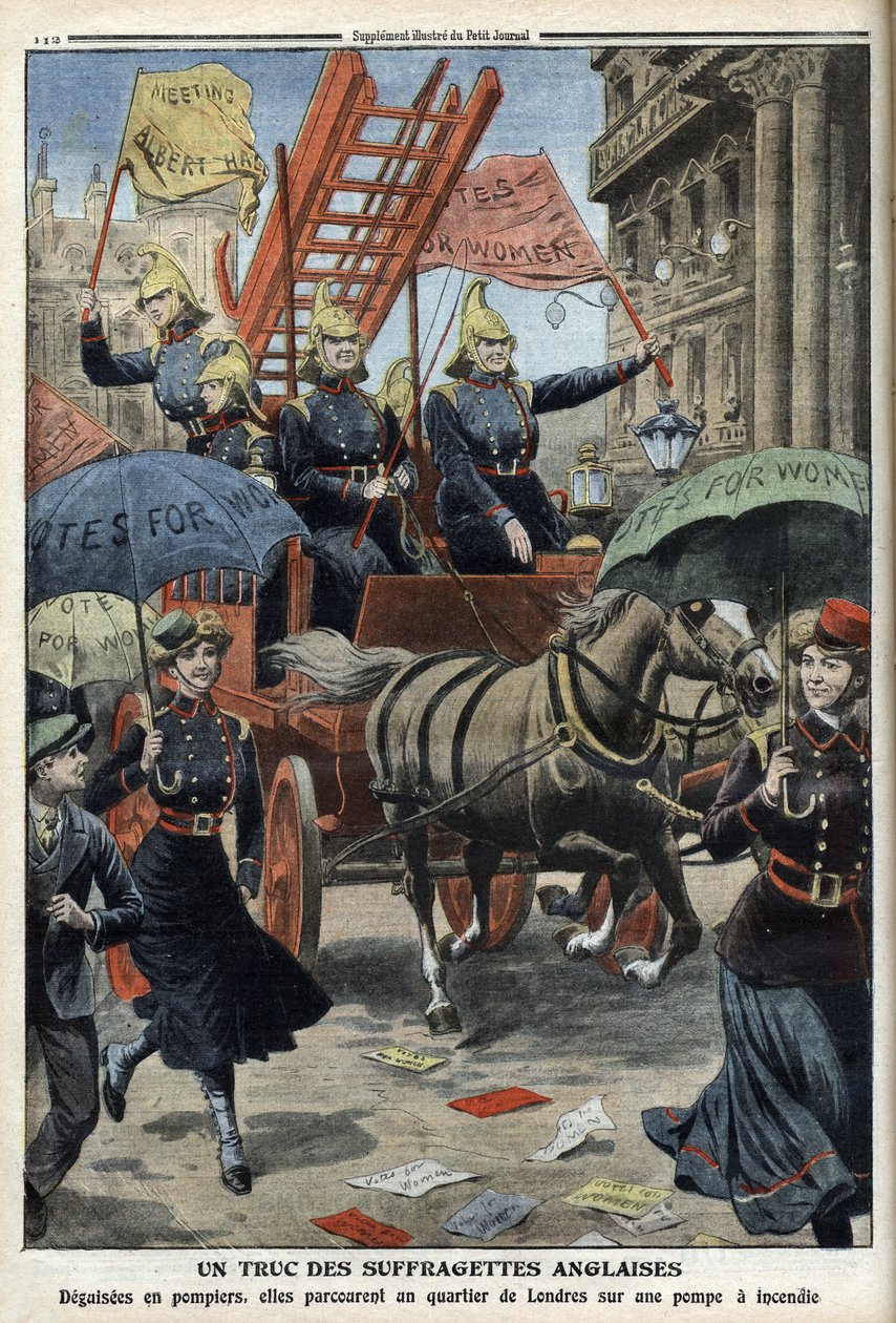 装扮成消防员的英国女权运动者，来自《小报》，1910年4月3日（雕刻）。 作者 法语学校