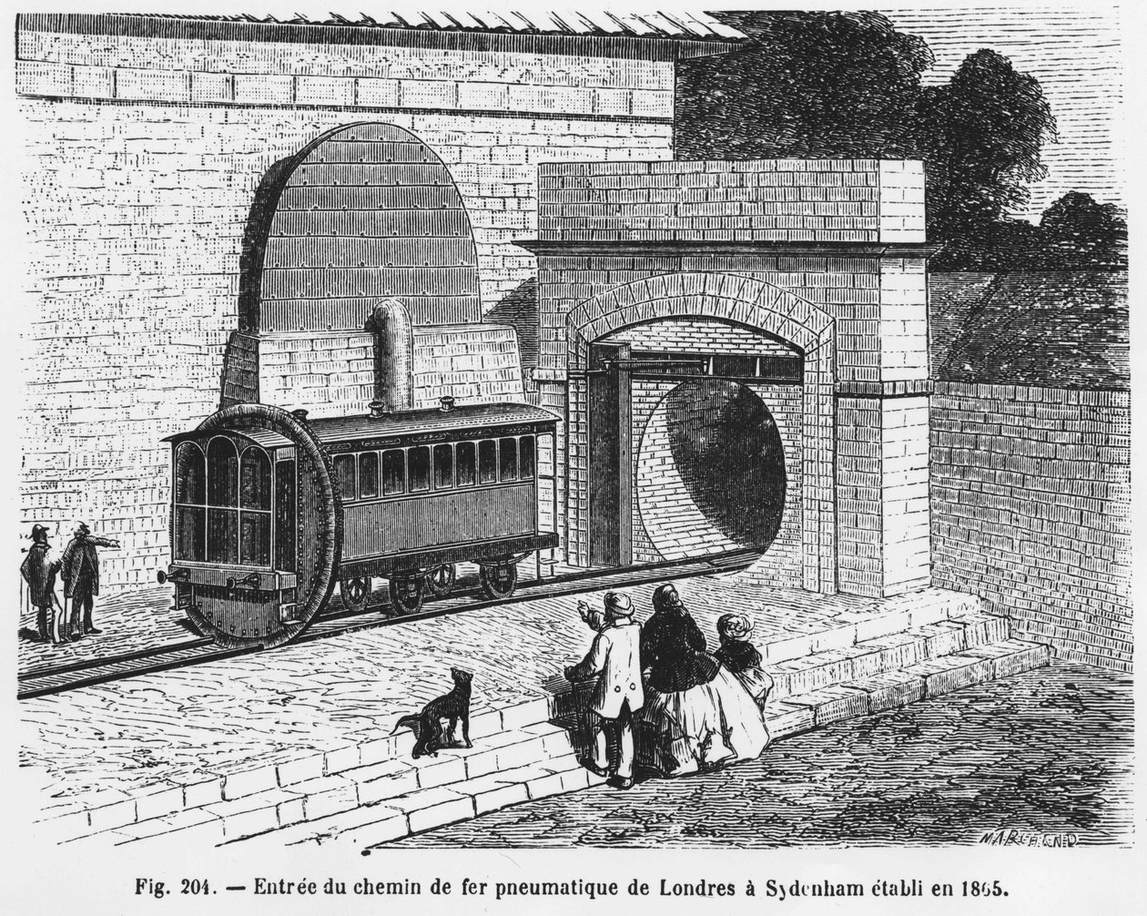 从伦敦到西德纳姆的气动铁路的入口，建于 1865 年 - 在 L. Figuier 的“科学奇迹”中。 ¿ 作者 法语学校