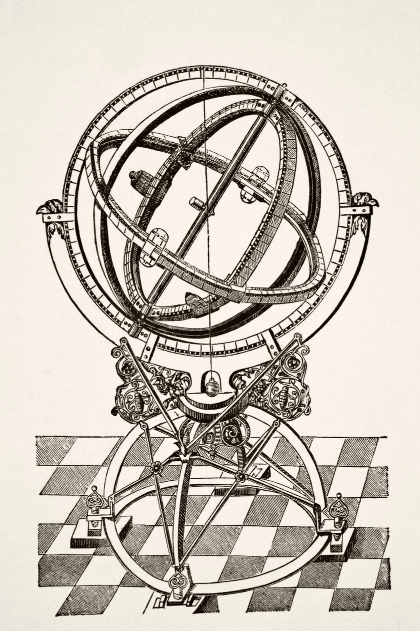 赤道环或圆，根据 1602 年《Tychonis Brahe Astronomiae Instauratae Mechanica》一书的铜版画，来自 Paul Lacroix 酒吧出版的《中世纪科学与文学》。 伦敦 1878 作者 法语学校