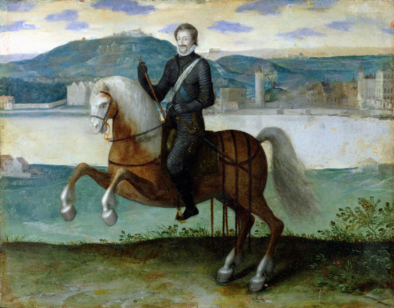 亨利四世（1553-1610）法国国王的骑马肖像，在巴黎的墙壁之前，1594年 作者 法语学校