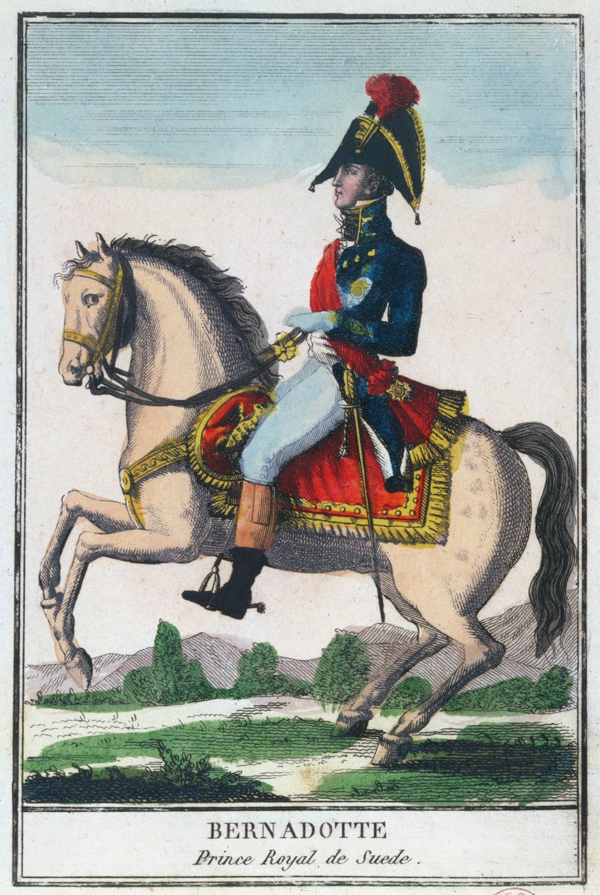 Charles Jean Baptiste Bernadotte（1763-1844）的骑马肖像，19世纪初（彩色雕刻） 作者 法语学校