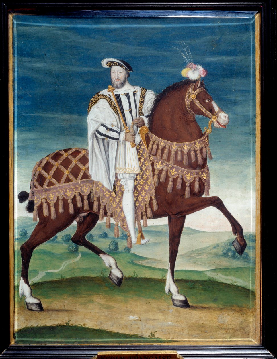 弗朗索瓦一世 (1494-1547) 的马术肖像，法国国王 法国画派的匿名绘画。 16世纪。 暗淡。 0,27x0,205 米。 尚蒂伊孔德博物馆 - 法国国王弗朗索瓦一世（1494-1547）的马术肖像。 法国人的绘画 作者 法语学校