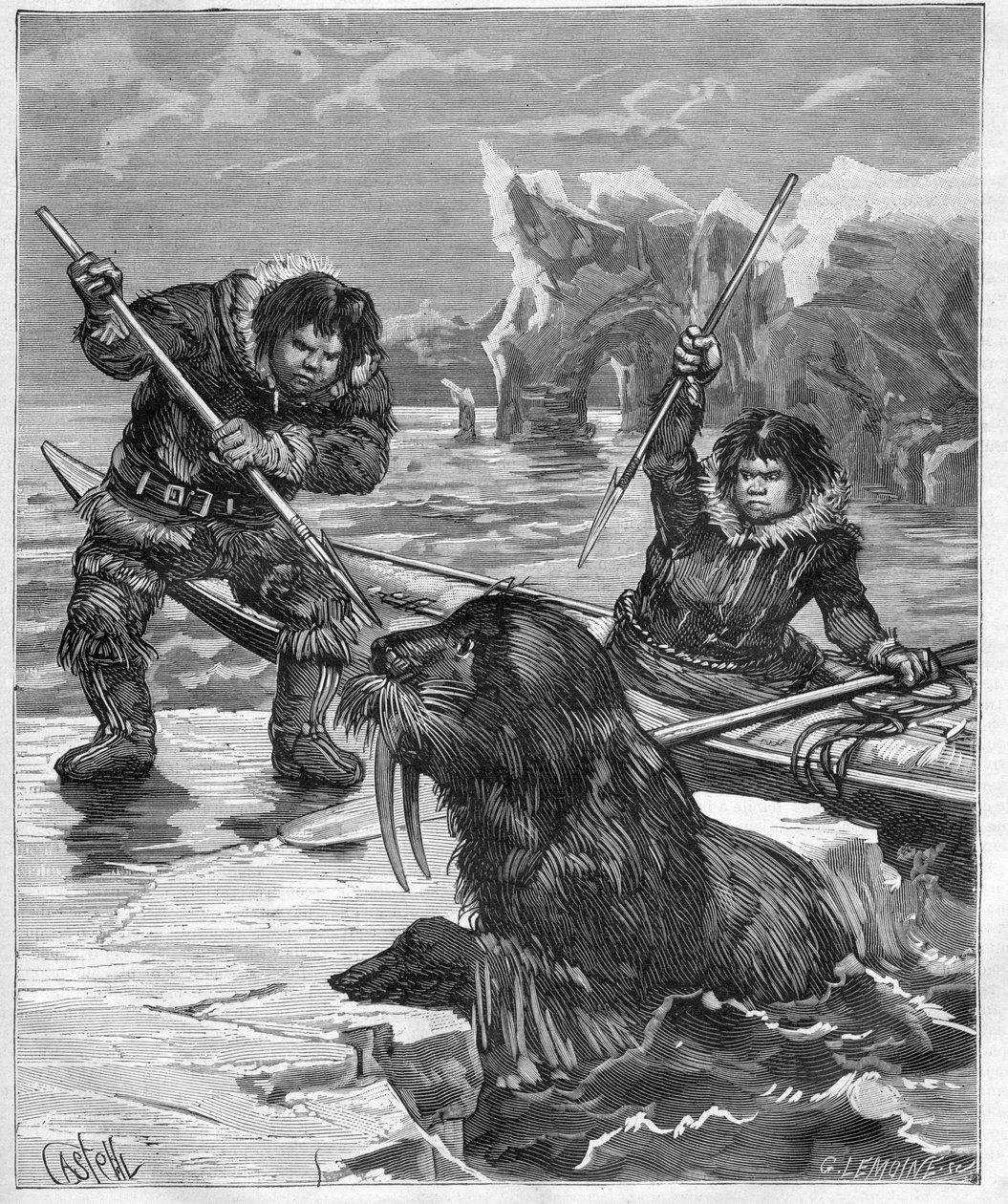 爱斯基摩人--捕捞海象--爱斯基摩人--1888年捕捞海象--《航海日志》中的版画 1888年 作者 法语学校