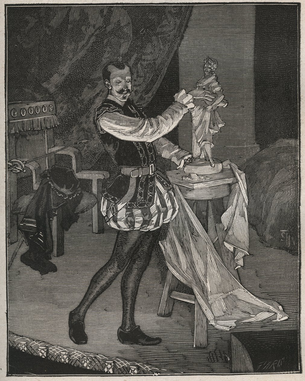 艾蒂安-马林-梅林格（1808-1875），法国演员，在大仲马的《阿斯卡尼奥》中扮演雕塑家本韦努托-切利尼，由保罗-默里斯改编为舞台剧。阿道夫-比塔尔（Adolphe BITARD）于1880年创作的 "艺术与计量图解 "中的版画。 作者 法语学校