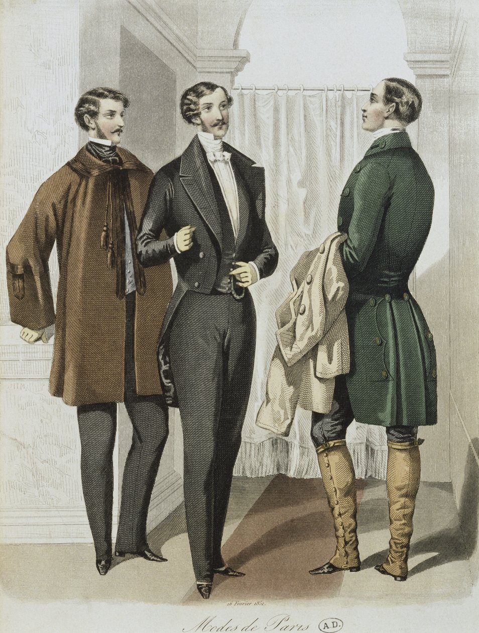 晚礼服，插图来自Le Journal des Tailleurs，1851年2月16日（彩色雕刻） 作者 法语学校