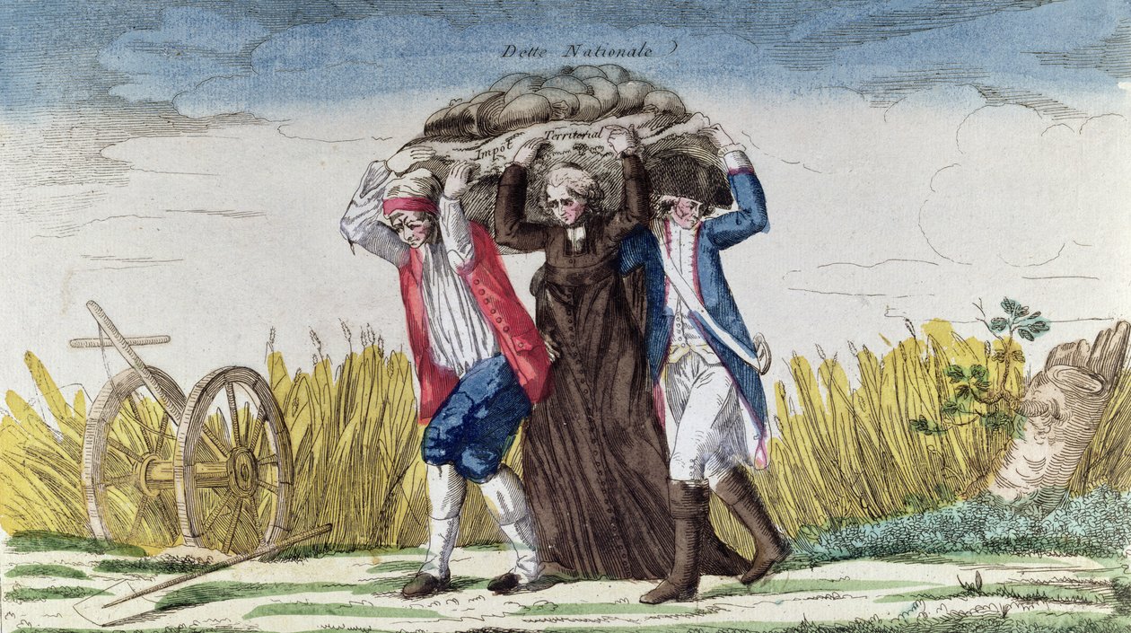 每个人都承担着税收和国债的负担，c.1789（彩色版画） 作者 法语学校