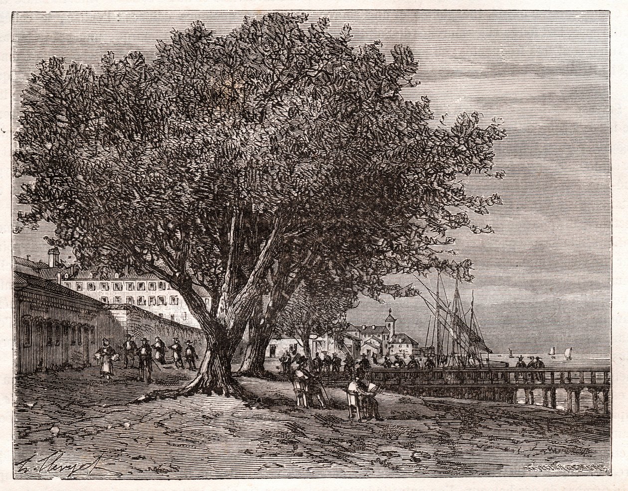 Evian-les-Bains（依云莱班）--上萨瓦省--V.-A. Malt-Brown的 "La France illustree: geographie, histoire, administration statistique "中的雕刻，1884。 作者 法语学校