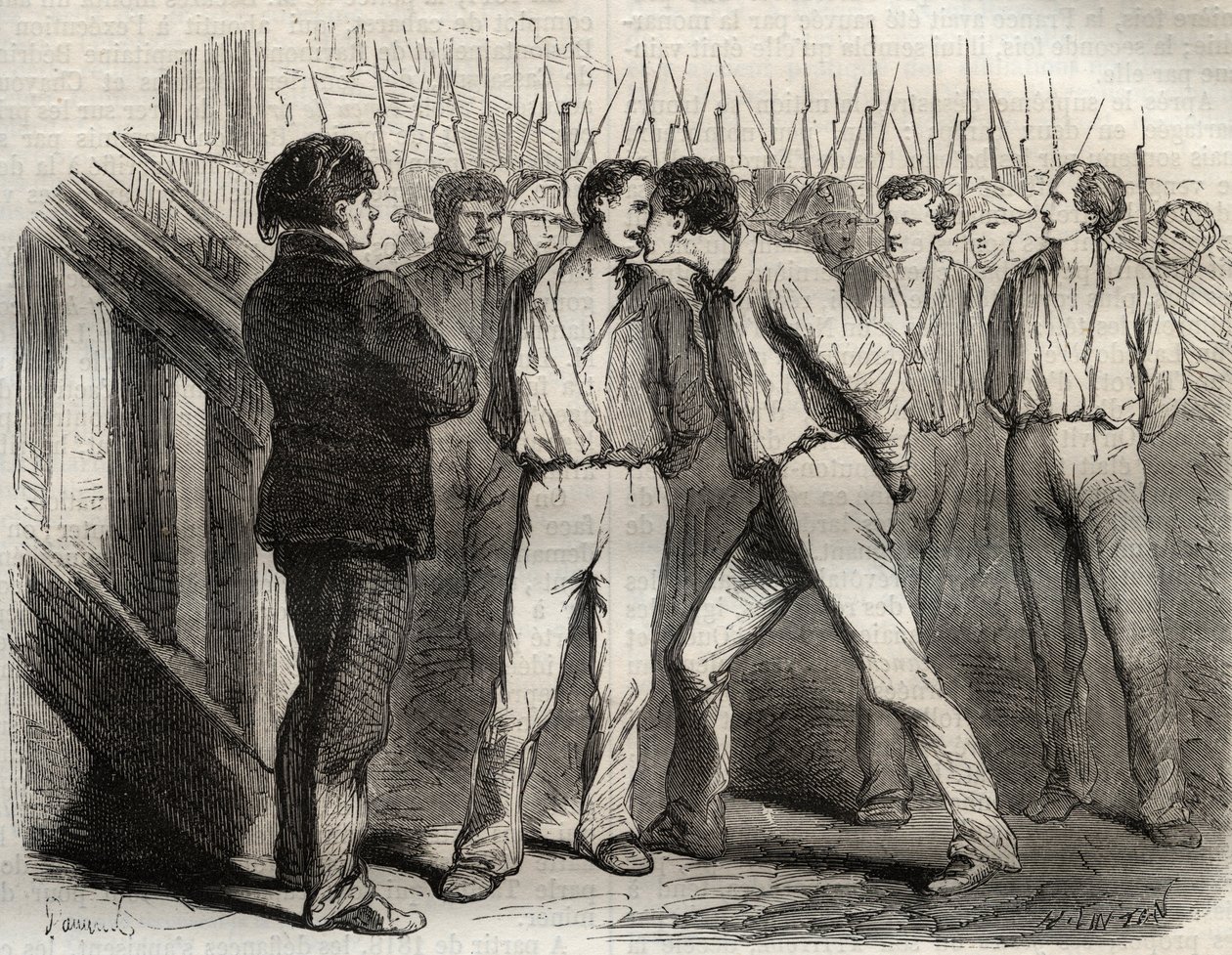 Execution of the four sergeants of La Rochelle on 21 September 1822: Bories, Raoulx, Gaubin, Pommier - Raoulx, who was to pass the first, asked to embrace his comrades - Engraving in “” Causes celebres de tous les peuples”” by Armand Fouquier (1817-18?) 18 作者 法语学校