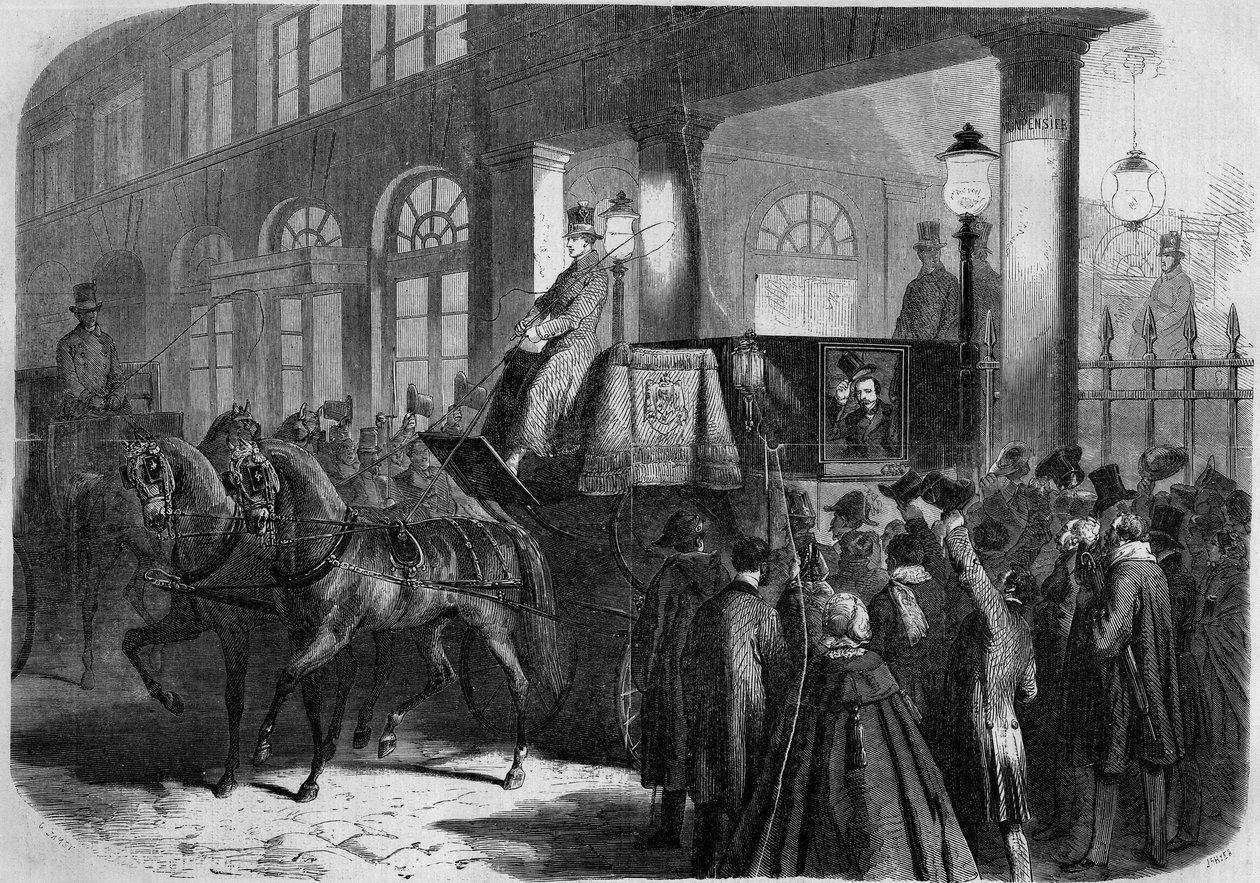 拿破仑三世皇帝（1808-1873）在表现 "查特顿 "之后从法兰西喜剧院（Comedie-Francaise）出来。巴黎 作者 法语学校