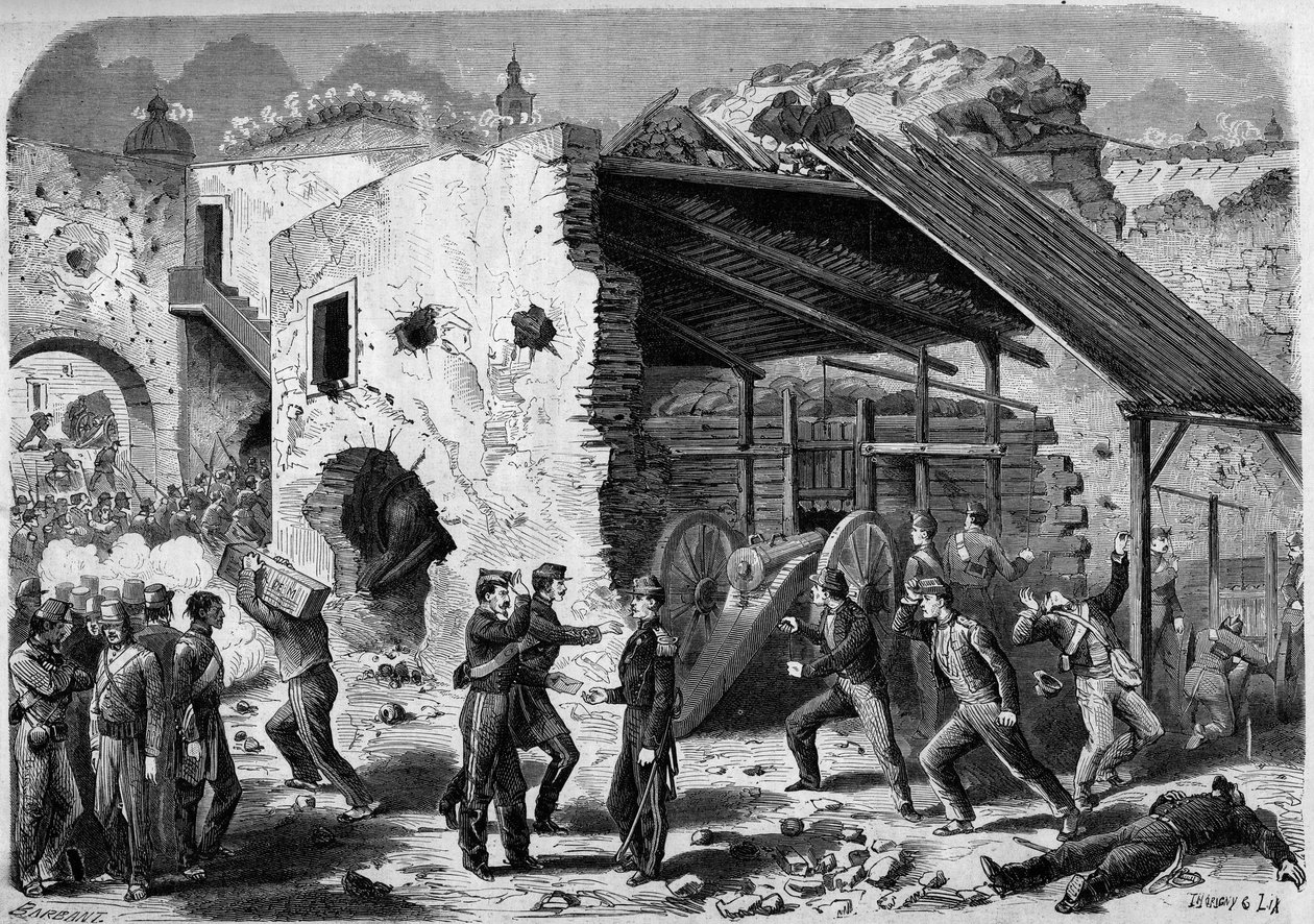 远征墨西哥（1861-1867年）--围攻普埃布拉--1863年：法国军队对一个框架（一幢房屋）的攻击。进入城内后，法国士兵不得不逐个街区作战。在《世界报》上的雕刻 作者 法语学校