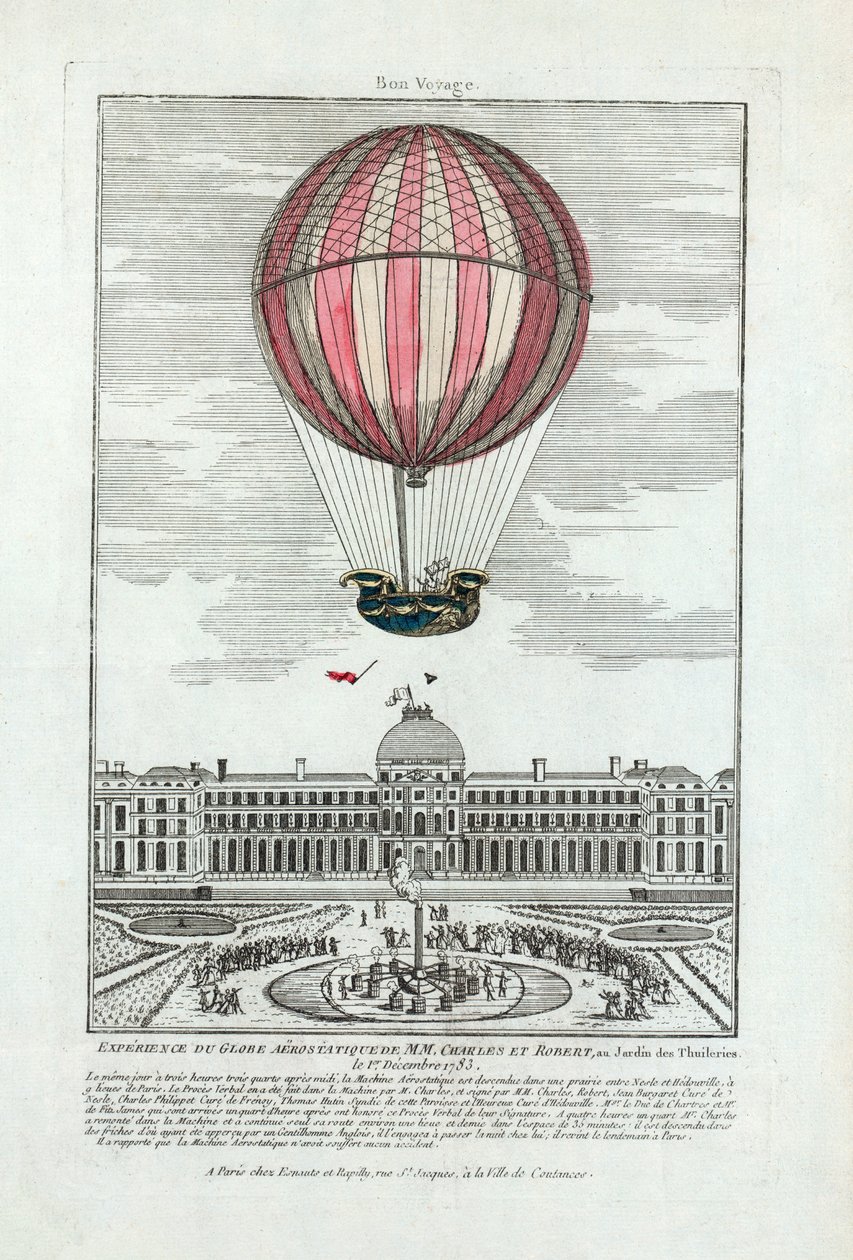 MM的空气静压球体验。 查尔斯和罗伯特于 1783 年 12 月 1 日在 Jardin des Thuileries 酒吧。 1783（手工上色雕刻） 作者 法语学校