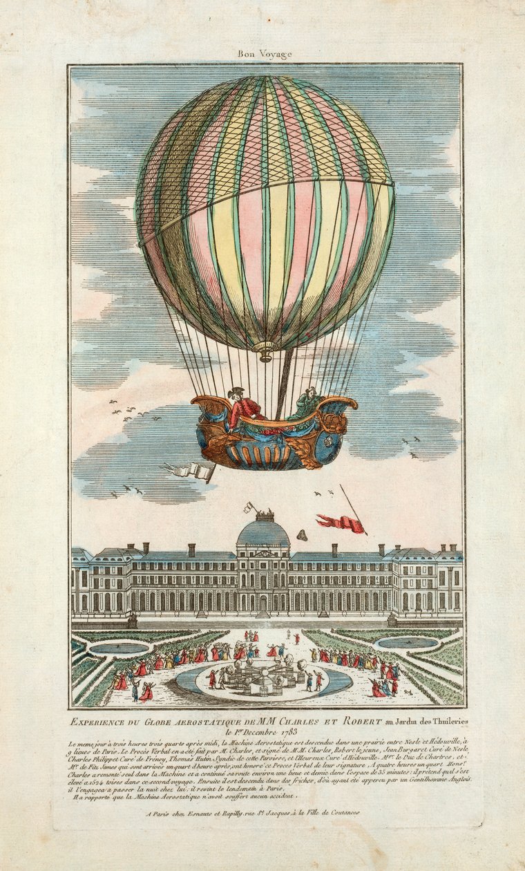 MM的空气静压球体验。 查尔斯和罗伯特于 1783 年 12 月 1 日在 Jardin des Thuileries 酒吧。 1783（手工上色雕刻） 作者 法语学校