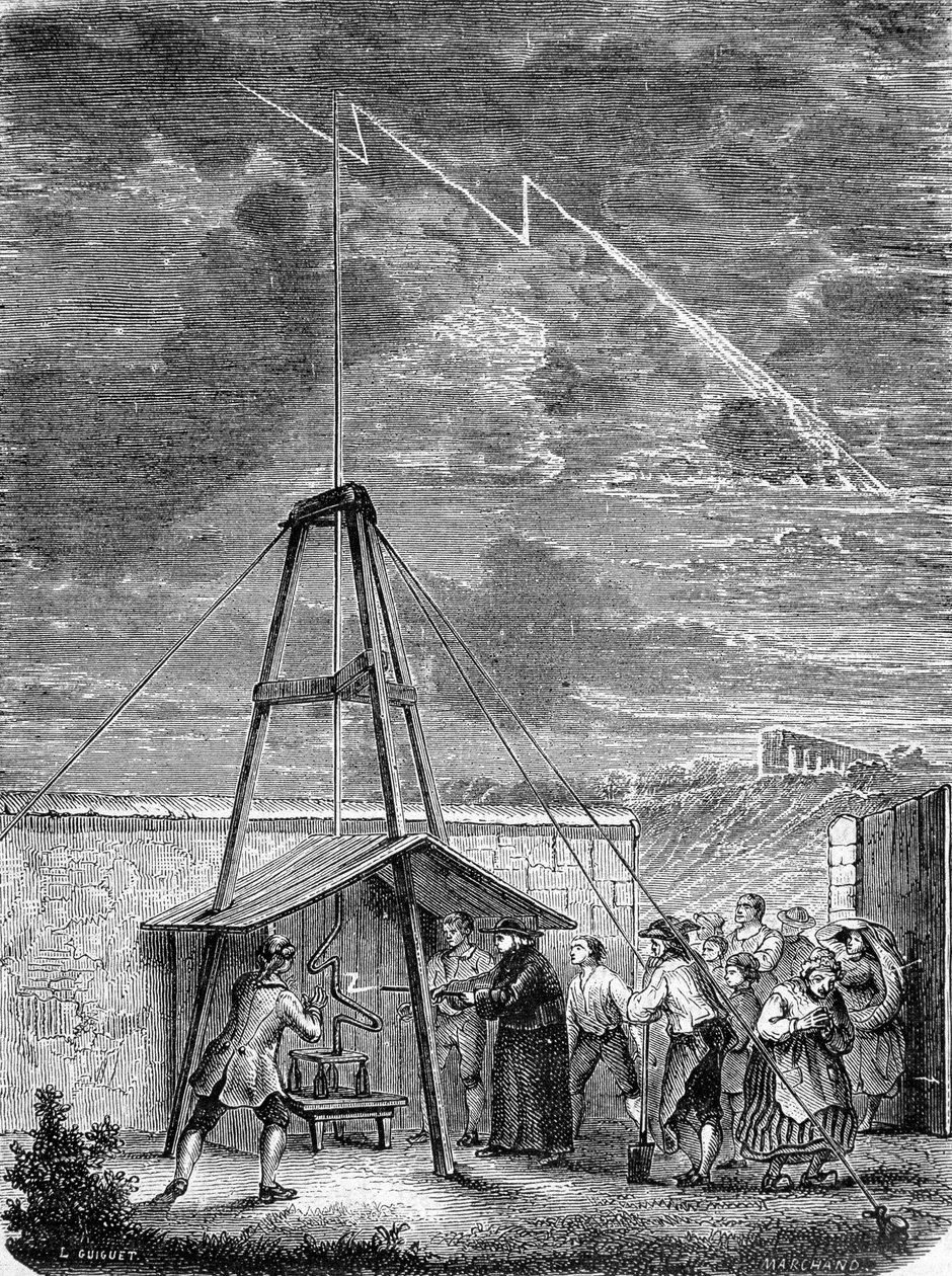Experience made on 10 May 1752, by Thomas Francois (Thomas-Francois) Dalibard (1703-1779) a Marly, first demonstration of the presence of electricite in stormy clouds - engraving 作者 法语学校