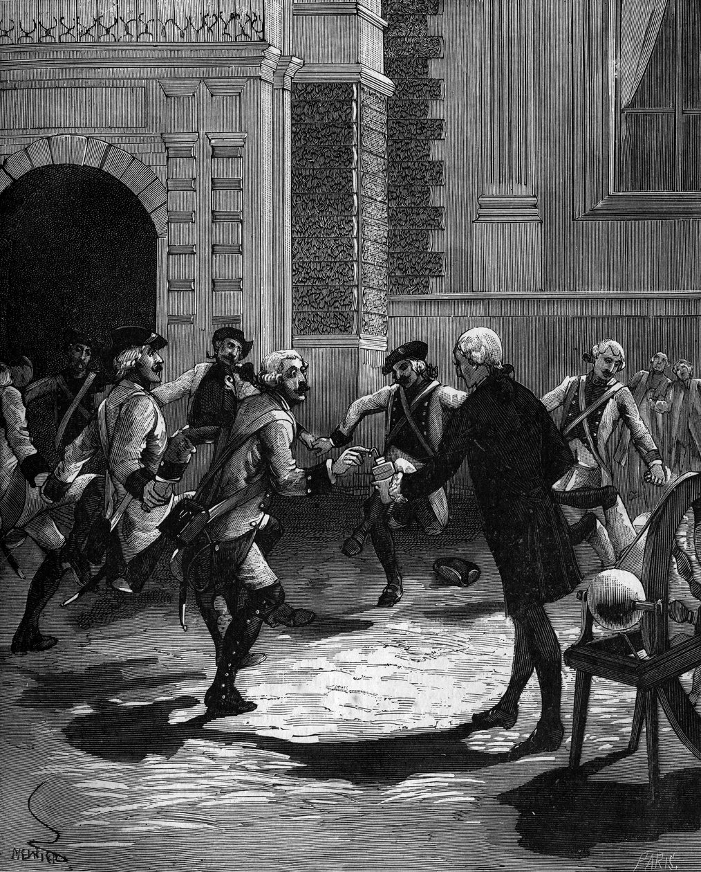 Abbe Jean Antoine Nollet（让-安托万）（1700-1770）的莱顿瓶的经验，法国物理学家在凡尔赛宫，180个卫兵同时被击中.1746。 作者 法语学校