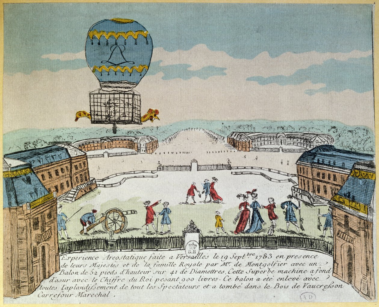 1783年9月19日在Montgolfier兄弟的凡尔赛宫进行实验，乘坐一只公鸡，一只鸭子和一只绵羊的Montgolfiere热气球飞行 作者 法语学校