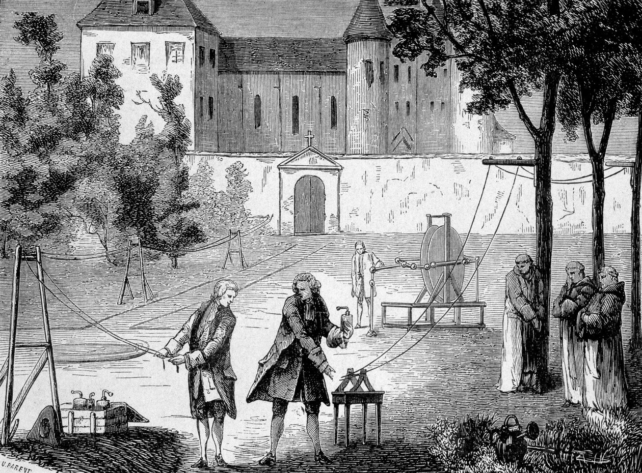 Lemonnier于1746年在Chartreux修道院进行的实验，以了解电的速度--载于《科学专辑；杰出的科学家；伟大的发现》1896。 作者 法语学校
