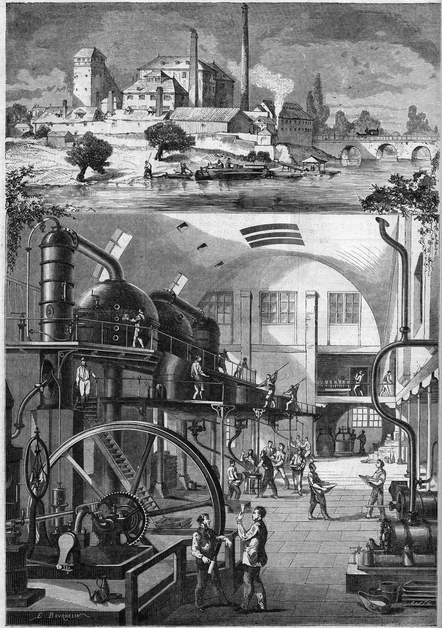 1864年塞达先生在南特拥有的大型炼糖厂Les Recollets的外景和主要车间。1864年7月23日《世界画报》第380期的版画。 作者 法语学校