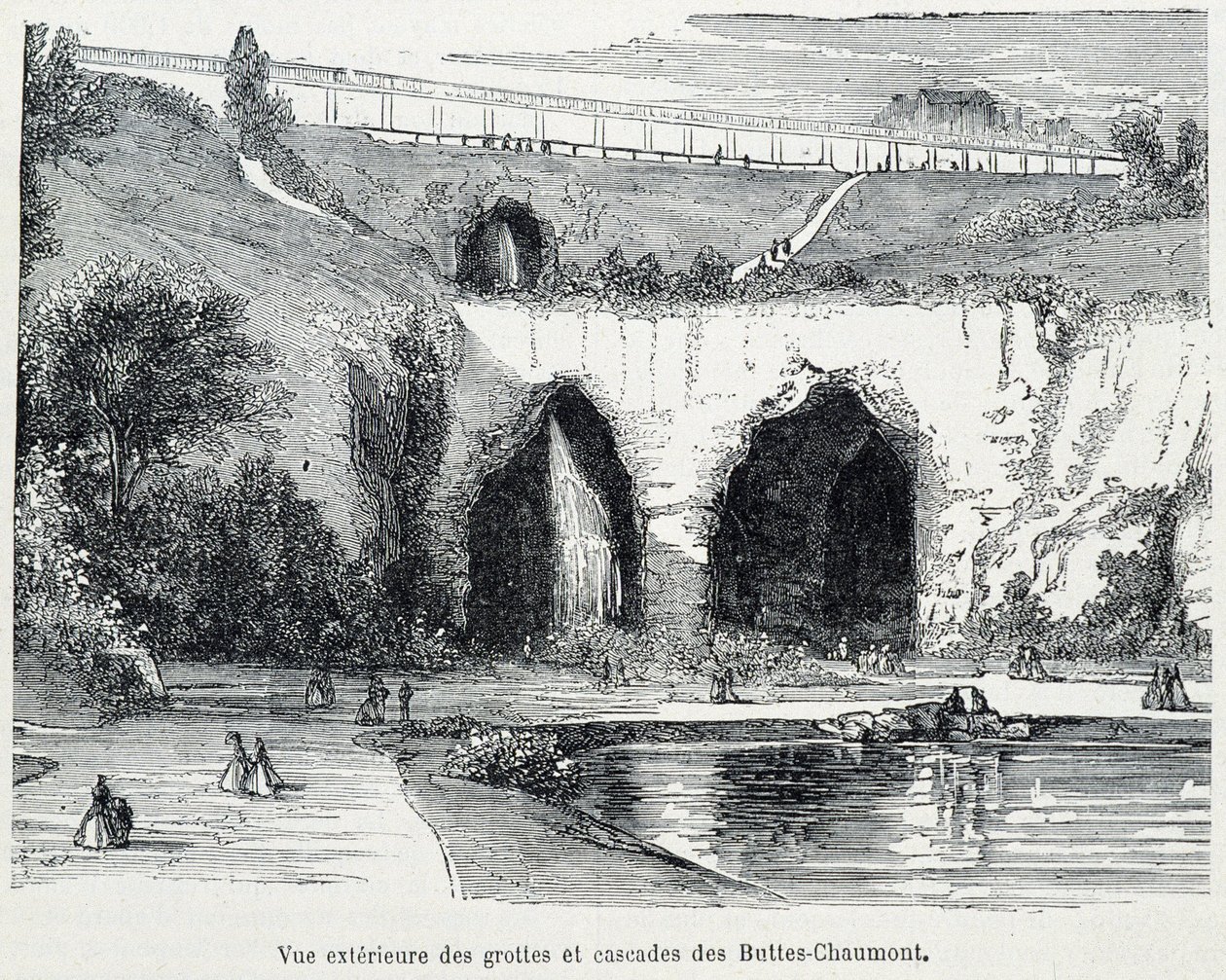 Buttes Chaumont 小瀑布和洞穴的外观，雕刻 19 世纪 作者 法语学校