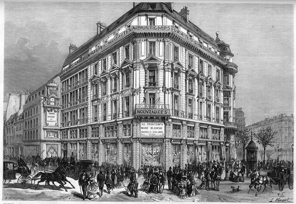 1874年 "维也纳电梯 "落成典礼当天，巴黎春天百货新店的外景。1874年3月28日《世界画报》第885期上的版画。 作者 法语学校