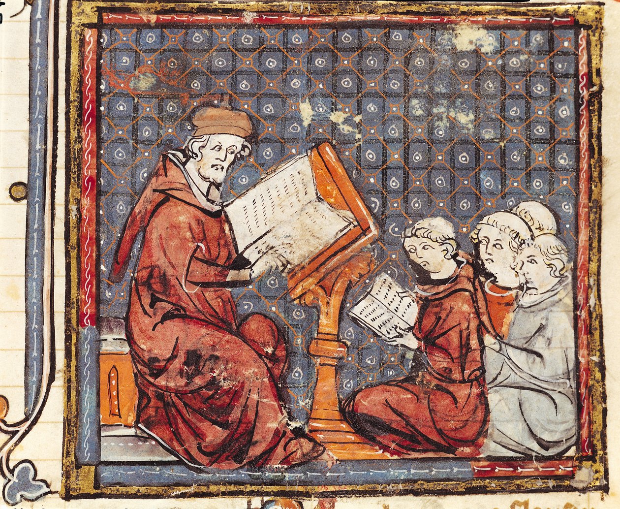F.277r一位哲学家在巴黎教授，来自法兰西的Chroniques de France，1375-79 作者 法语学校