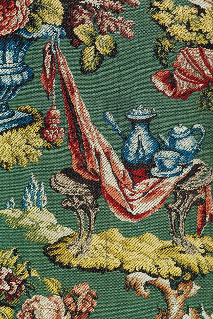 织物描绘巧克力壶和茶壶，Lyon Workshop，c.1730（丝绸） 作者 法语学校