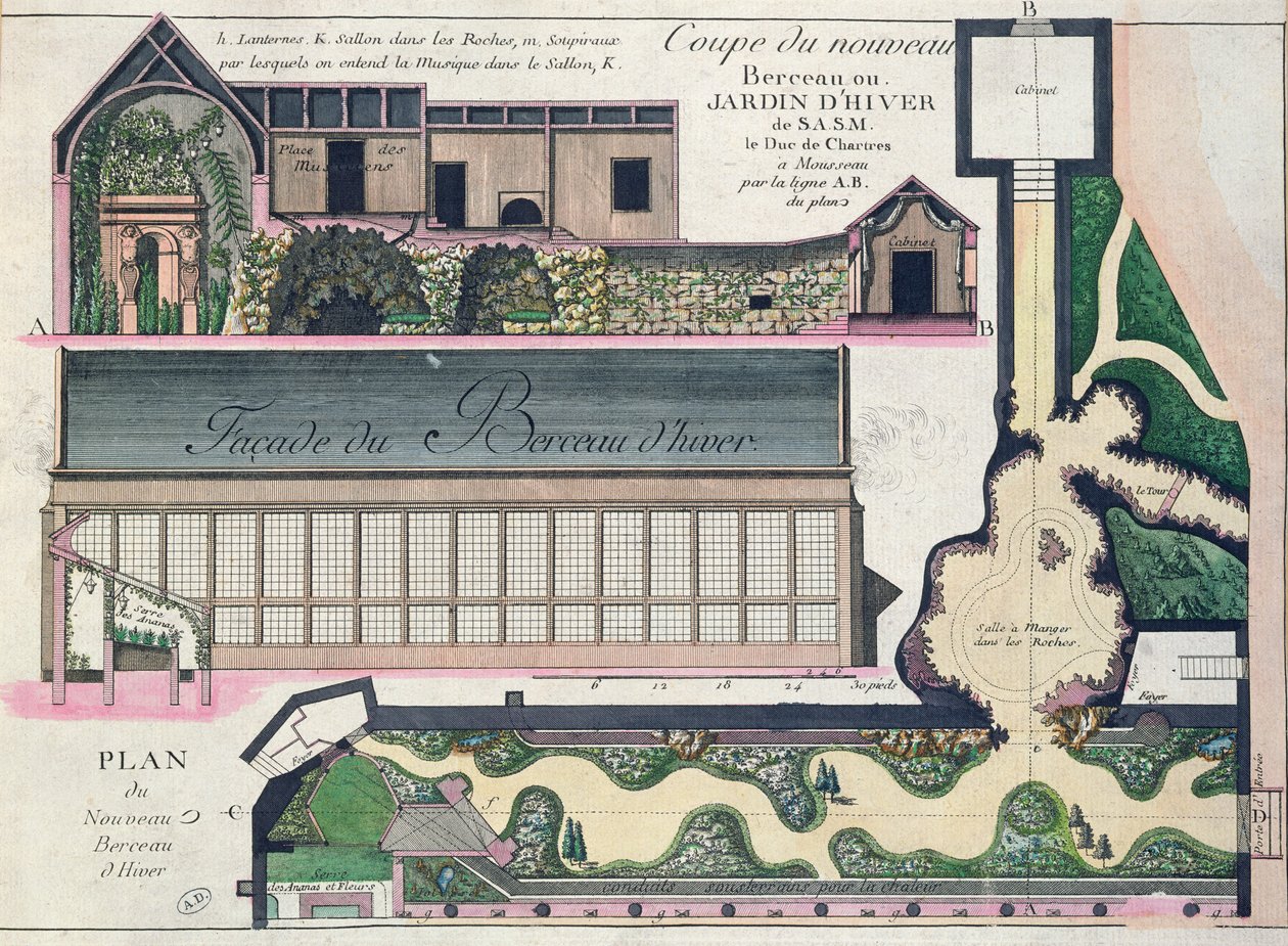 冬季凉亭的立面（Parc Monceau的温室）（彩色雕刻） 作者 法语学校