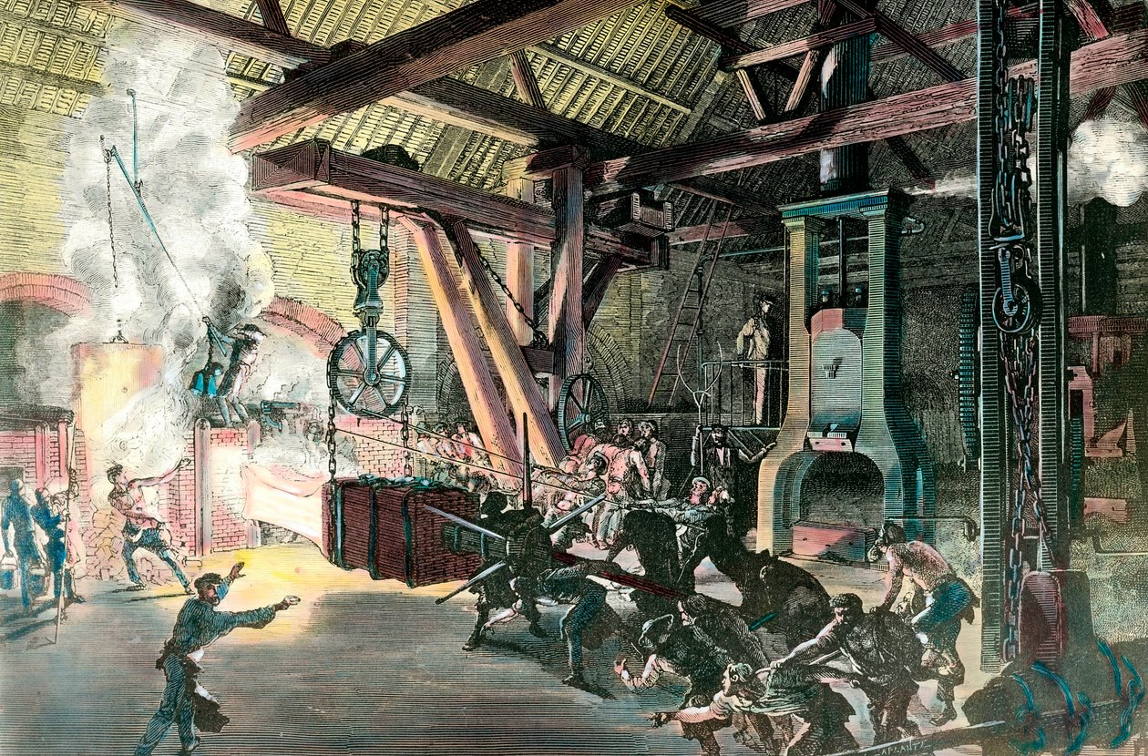 工厂。"Le hamteau drummer (hammer-drummer) des forges du Creusot in 1865" 1865年左右的版画。私人收藏 作者 法语学校
