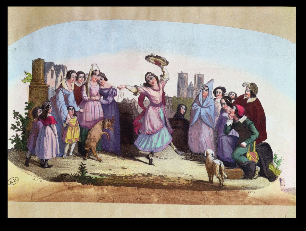 粉丝设计描绘了一幅来自La Esmeralda的场景，一部由Louise-Angelique Bertin（1805-77）创作的歌剧，由Victor Hugo（1802-85）创作.1836 作者 法语学校